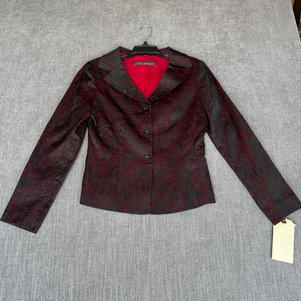 Tahari Blazer Jacket Womens 8 Red Brocade Floral Single-Breasted Formal Evening